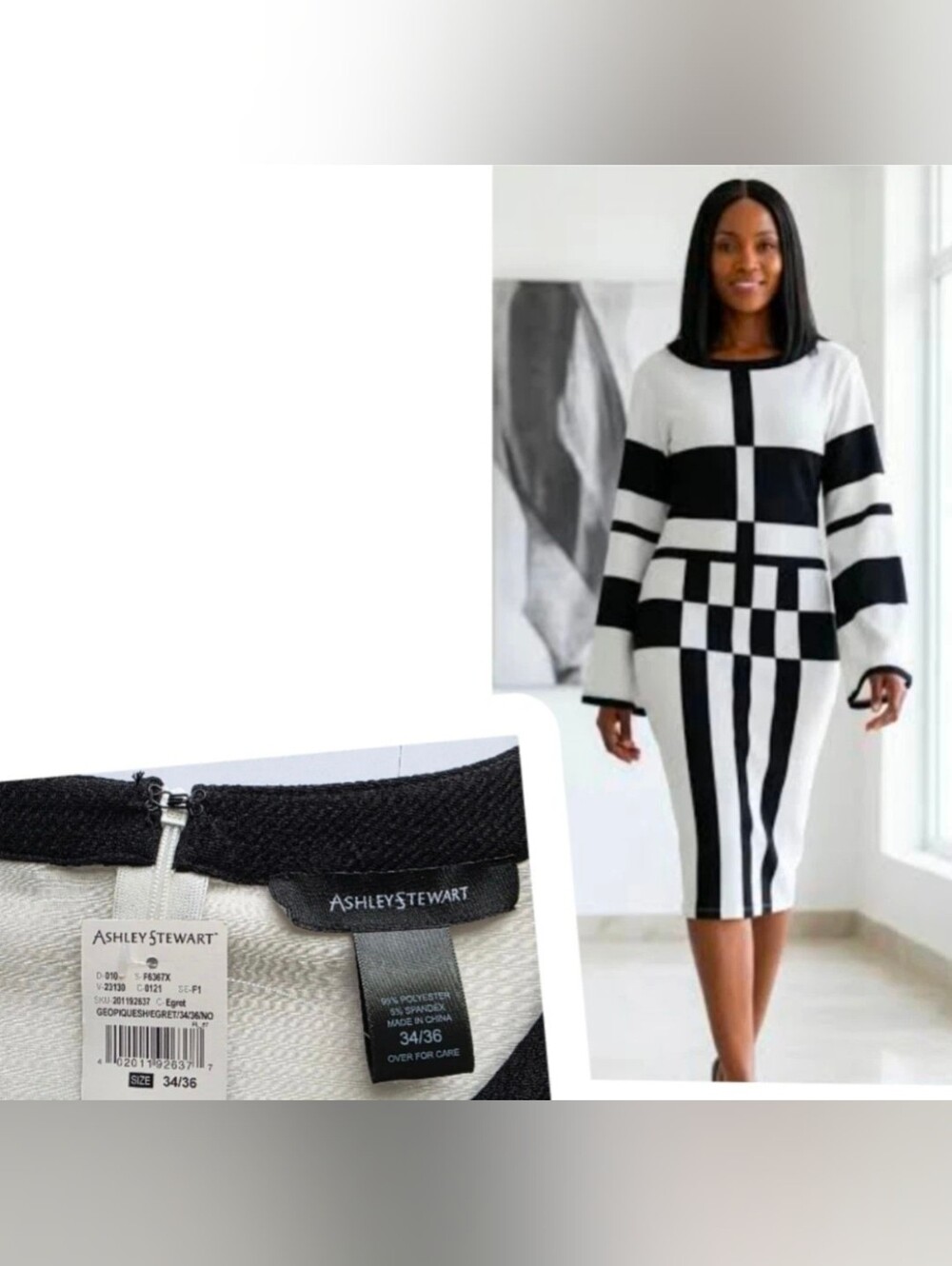 Ashley Stewart Plus-Size Dress Black/White Geometric Op-Art Bell Sleeve Sz 34-36